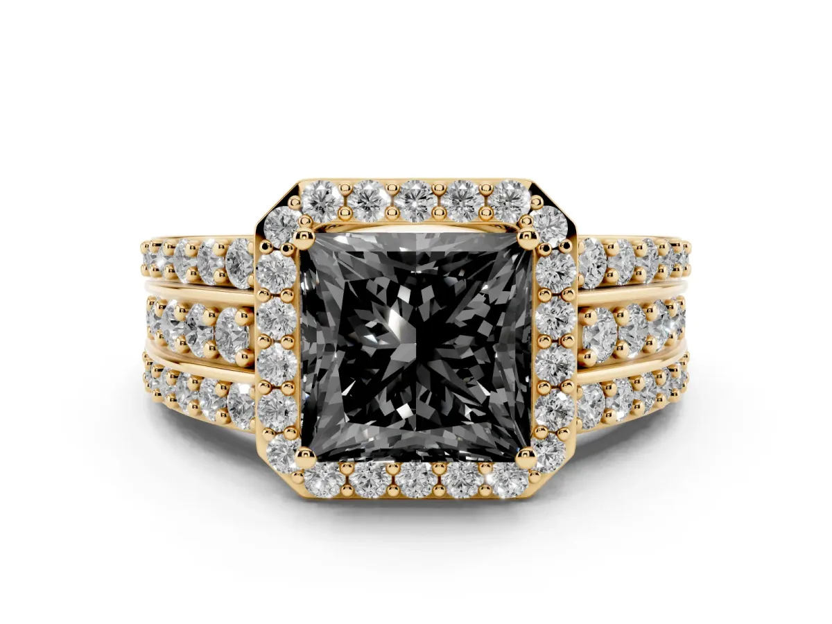 Fancy Black Princess Cut Halo Diamond Ring with Round Split Shank and Prong Setting Yellow gold
