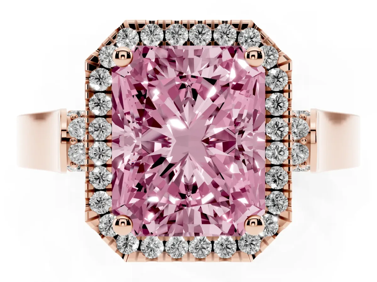 Fancy Pink Radiant Cut Halo Round Diamond Twist Band with Four-Prong Setting Rose gold