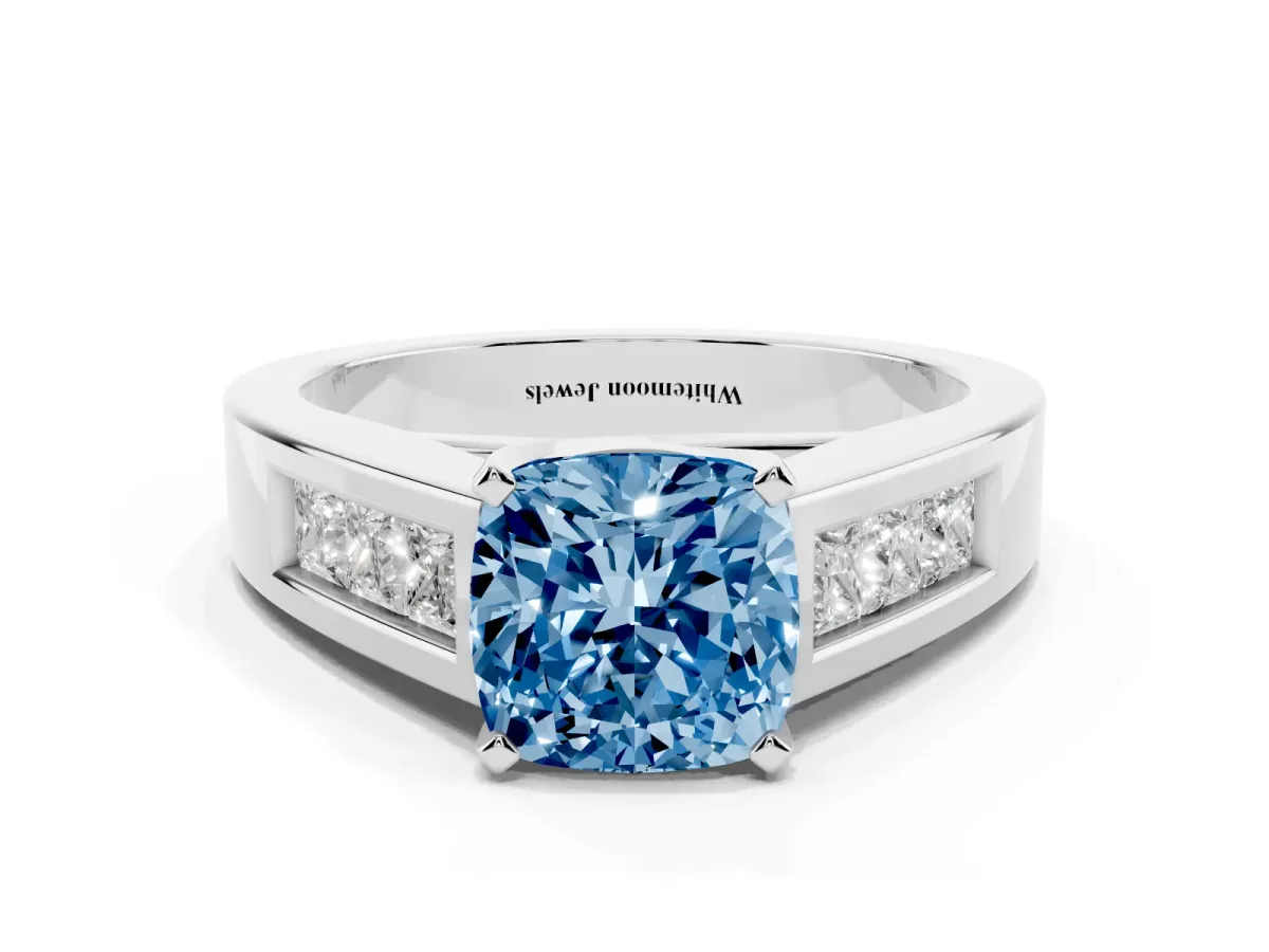 Fancy Blue Cushion Cut Cut Channel Set Solitaire Ring with Four-Prong Setting Platinum