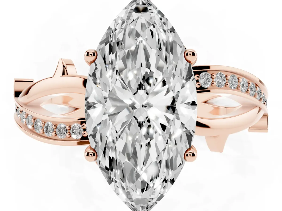 Marquise Cut Solitaire Twist Band with Pavé Accents and Four-Prong Setting Rose gold
