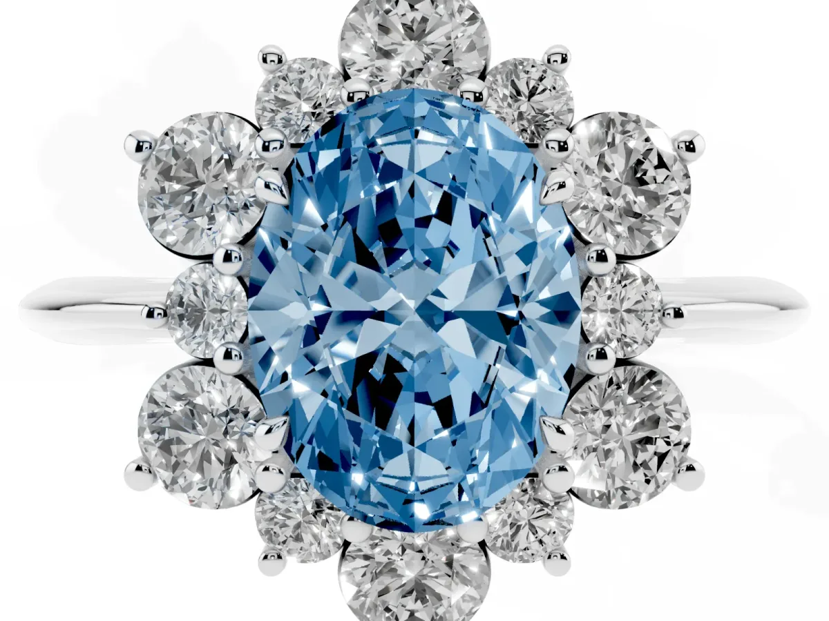 Fancy Blue Oval Cut Diamond Cluster Halo Ring with Solitaire Band and Four-Prong Setting Silver
