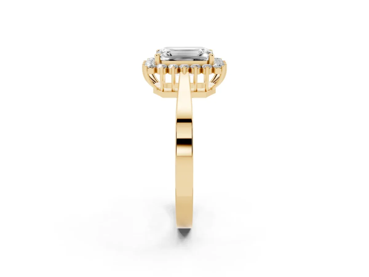 Emerald Cut Cut Diamond Halo Ring with Round Brilliant Halo and Solitaire Band Yellow gold
