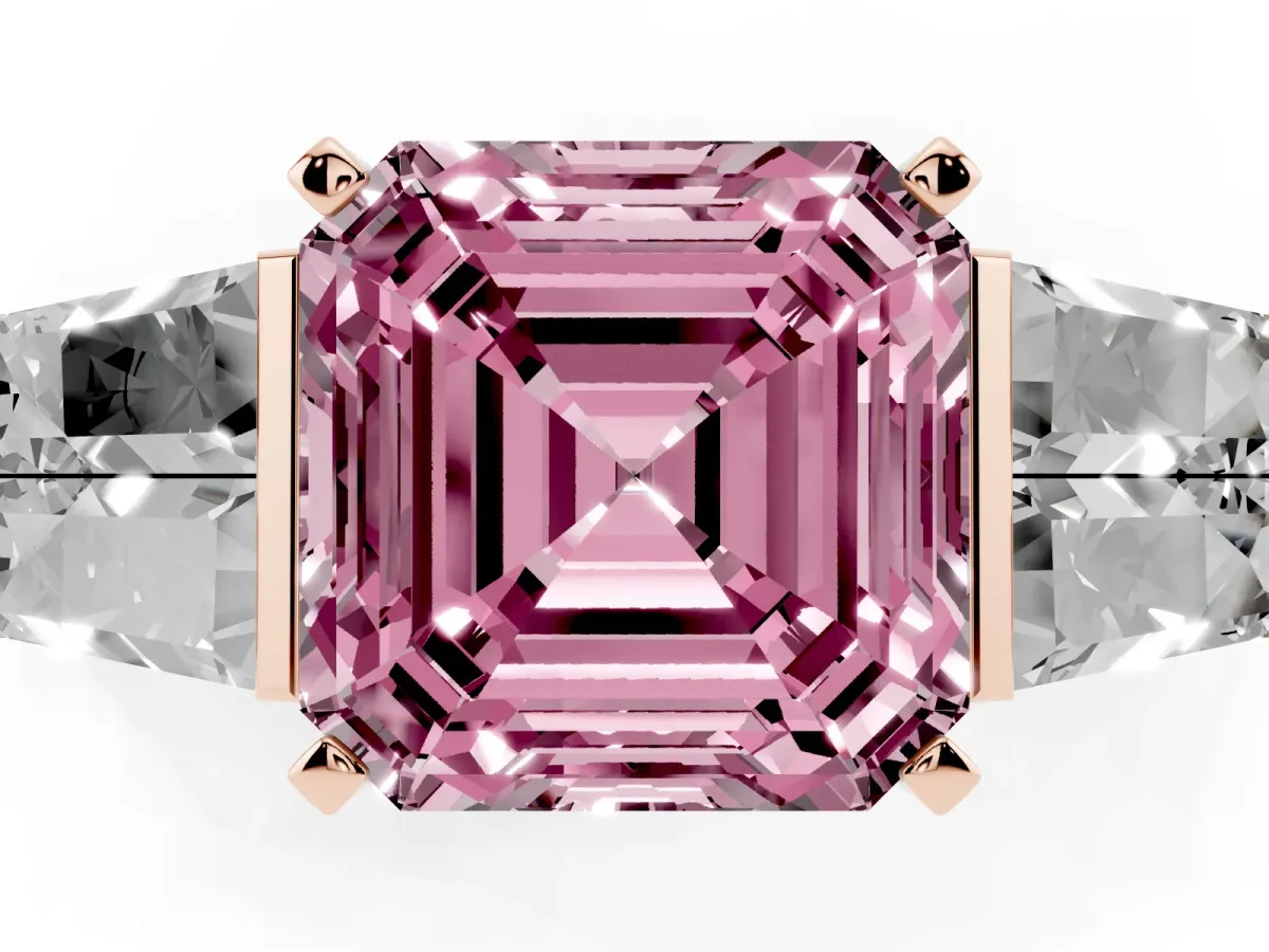 Fancy Pink Asscher Cut Diamond Engagement Ring with Baguette Side Stones and Channel Set Band Rose gold