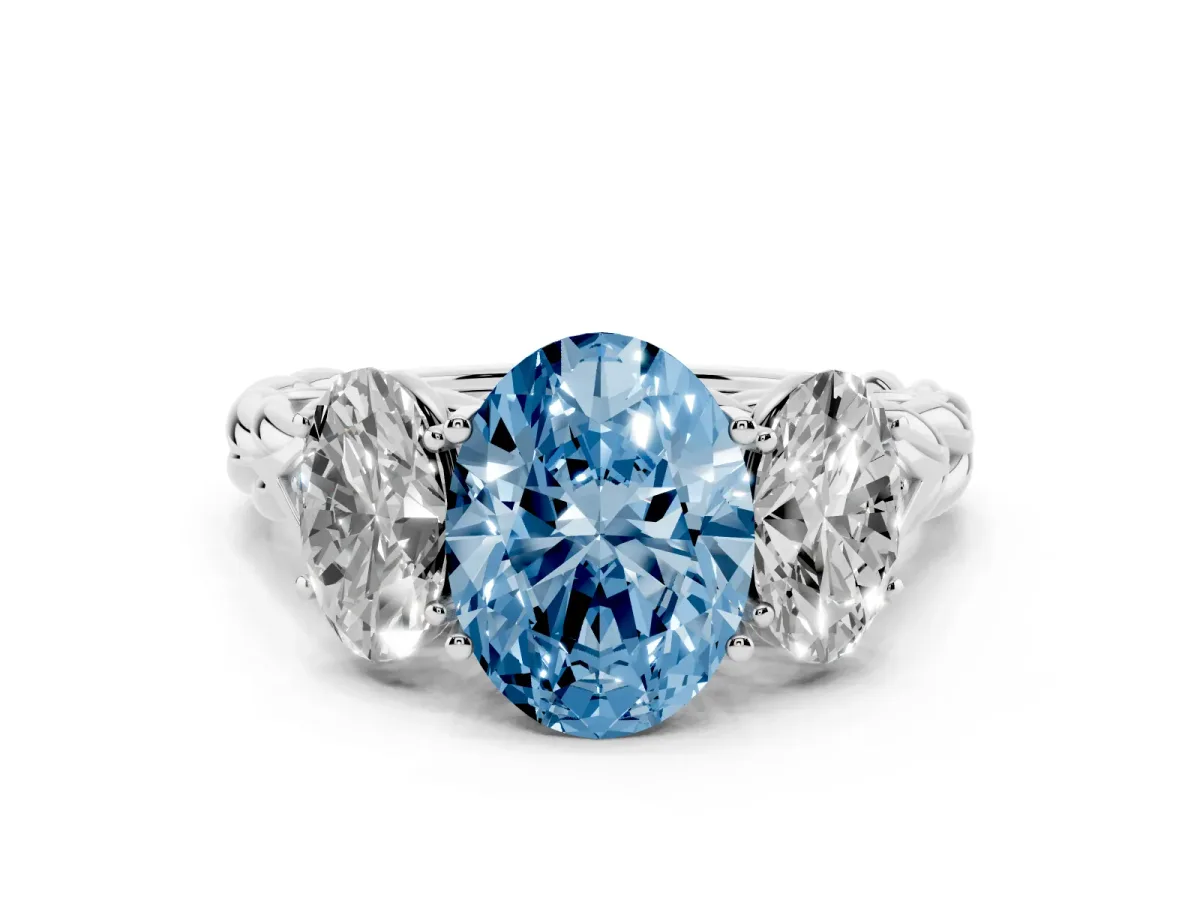 Fancy Blue Three-Stone Oval Cut Diamond Braided Band Ring with Four-Prong Setting Platinum