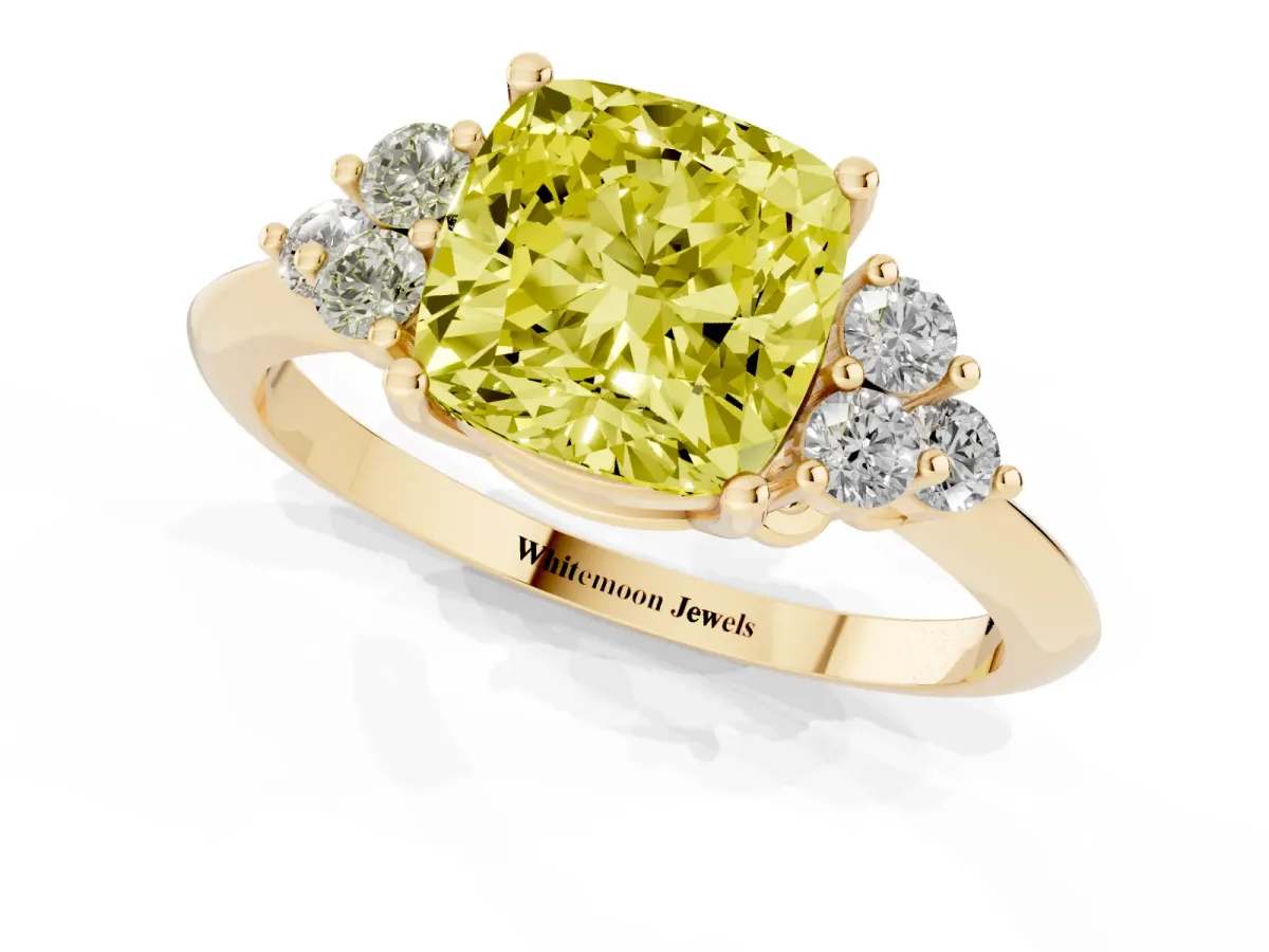 Fancy Yellow Cushion Cut Cut Diamond Cluster Ring with Solitaire Band and Four-Prong Setting Yellow gold