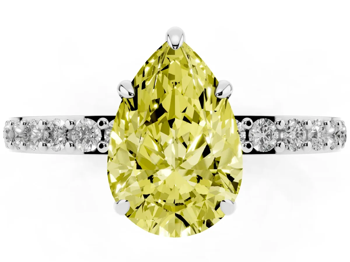 Fancy Yellow Pear Cut Diamond Pavé Engagement Ring with Round Accents and Prong Setting Silver