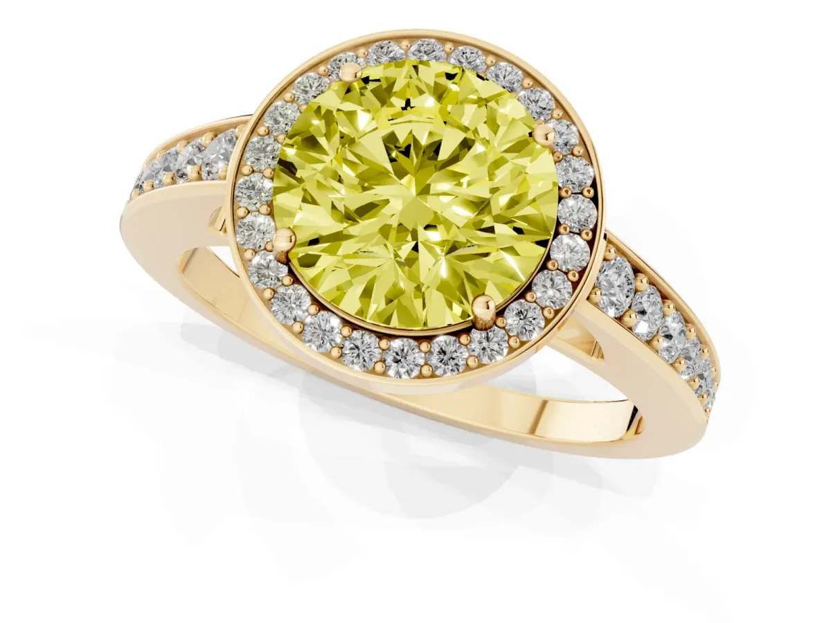 Fancy Yellow Round Cut Halo Pavé Diamond Engagement Ring with Bezel Setting Yellow gold