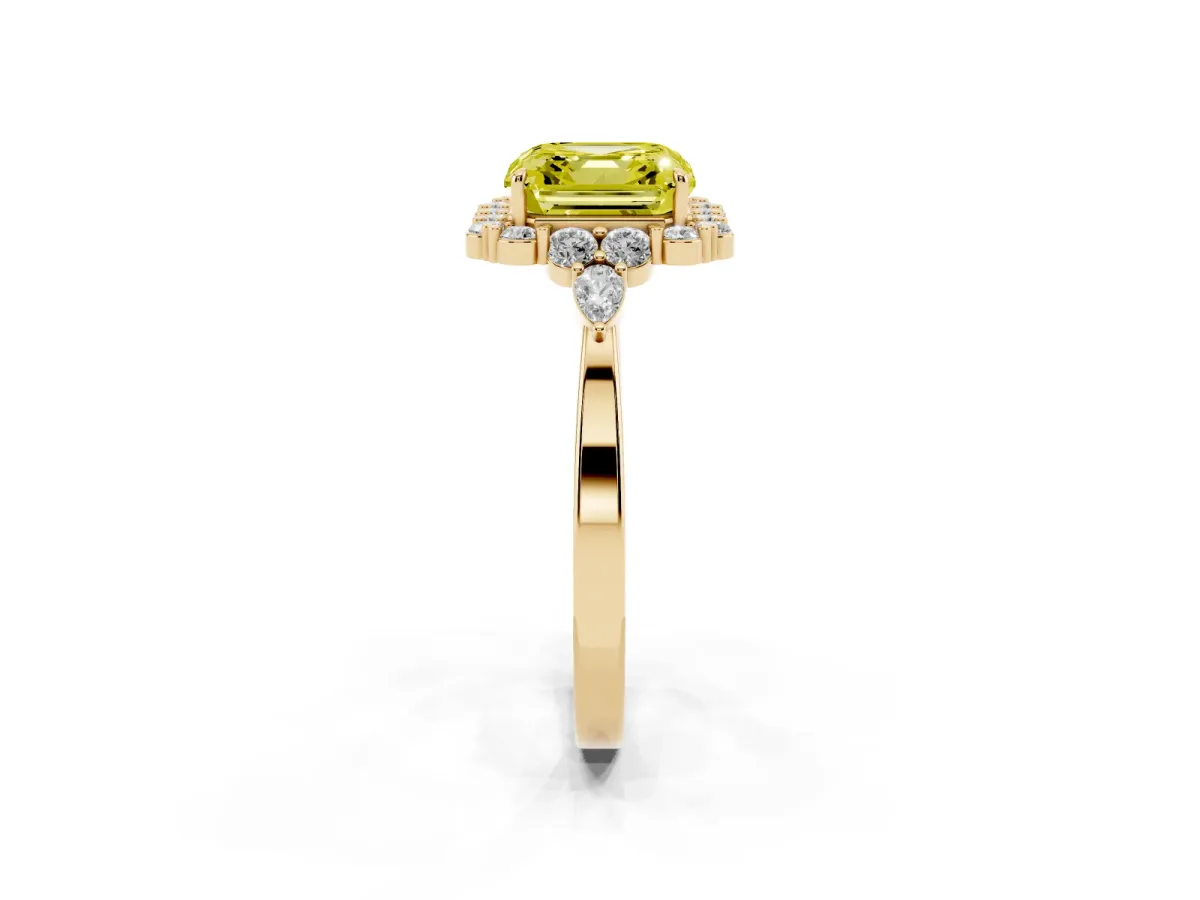 Fancy Yellow Asscher Cut Diamond Halo Ring with Pear Side Stones and Prong Setting Yellow gold