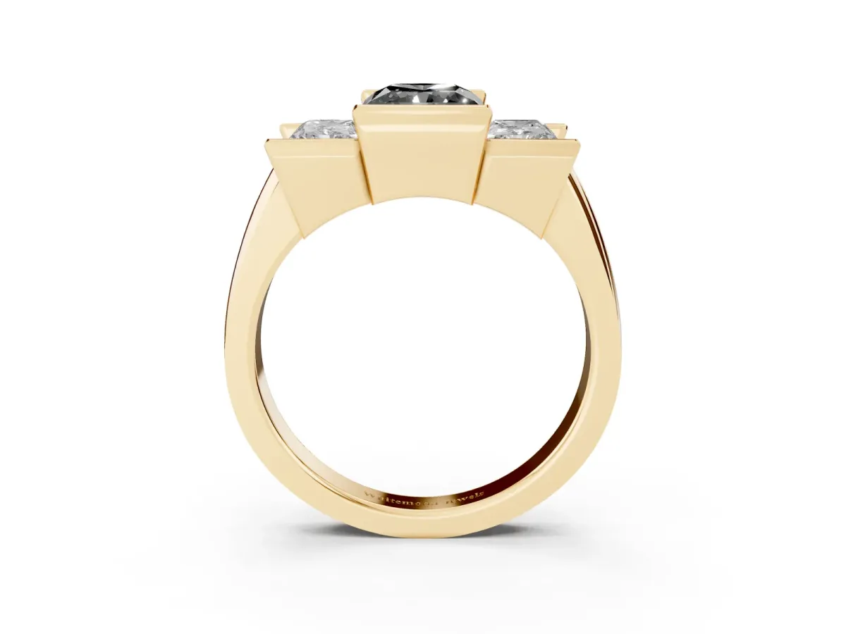 Fancy Black Three Stone Radiant Cut Cut Channel Set Diamond Ring Yellow gold