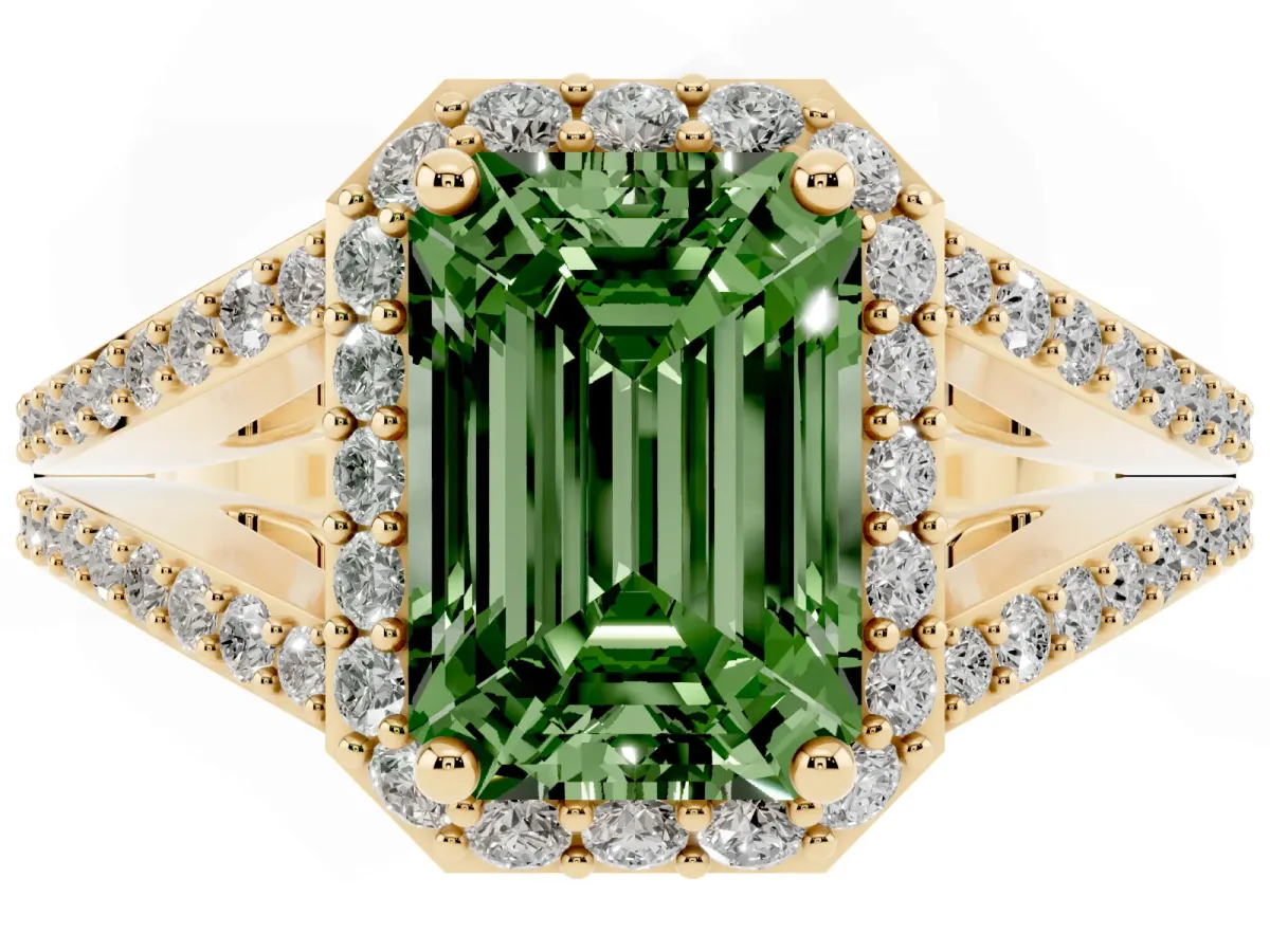 Fancy Green Emerald Cut Halo Split Shank Pave Diamond Ring with Four-Prong Setting Yellow gold