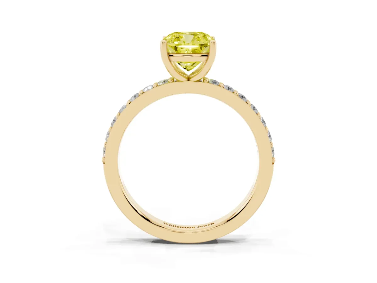Fancy Yellow Cushion Cut Cut Diamond Solitaire with Pave Band and Four-Prong Setting Yellow gold