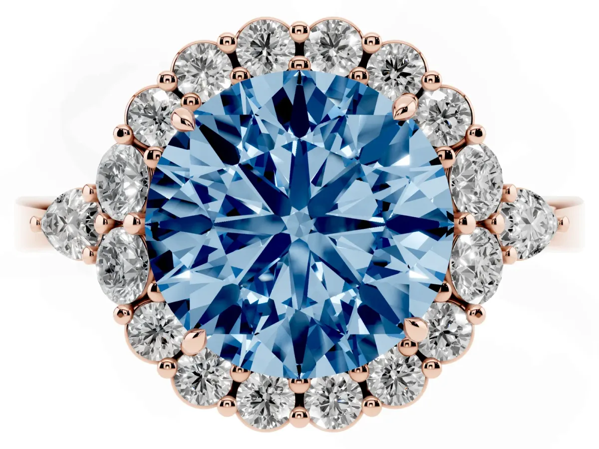 Fancy Blue Round Cut Diamond Halo Ring with Pear Side Stones and Prong Setting Rose gold