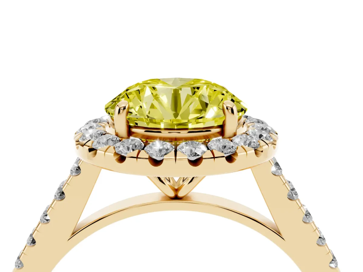 Fancy Yellow Round Cut Halo Pave Diamond Engagement Ring with Four-Prong Setting Yellow gold