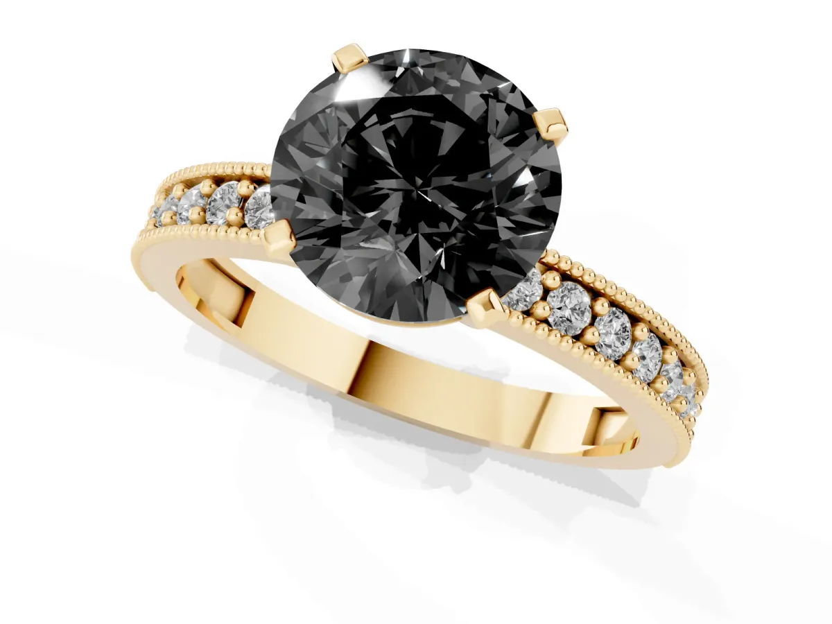 Fancy Black Round Cut Diamond Milgrain Pavé Engagement Ring with Four-Prong Setting Yellow gold
