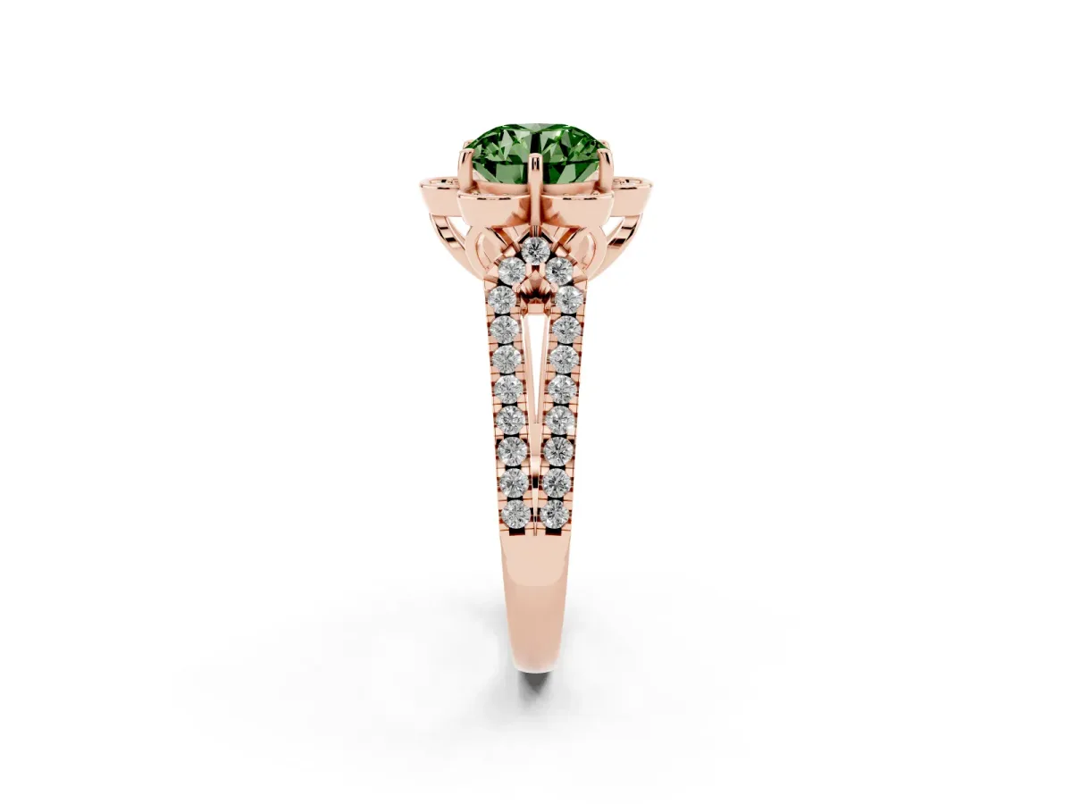 Fancy Green Round Cut Halo Diamond Floral Split Shank Engagement Ring Rose gold