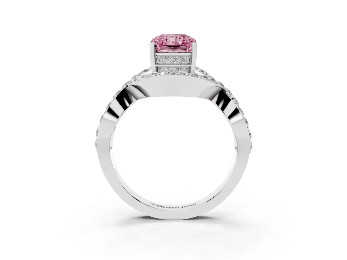 Fancy Pink Radiant Cut Solitaire Twist Band Pavé Diamond Engagement Ring Platinum
