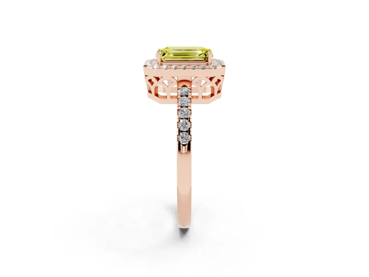 Fancy Yellow Emerald Cut Halo Diamond Engagement Ring with Pavé Band and Four-Prong Setting Rose gold