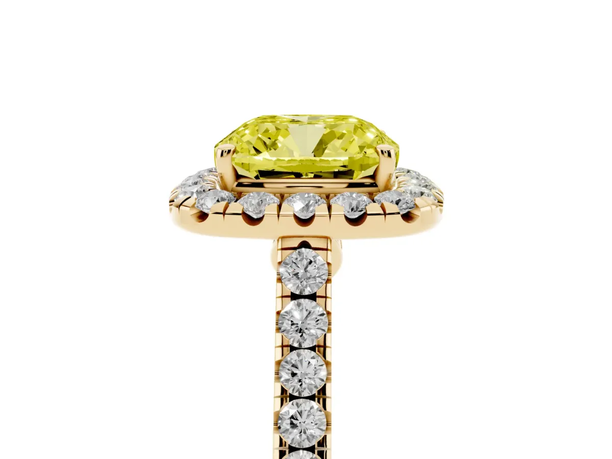 Fancy Yellow Cushion Cut Halo Pave Diamond Engagement Ring with Four-Prong Setting Yellow gold