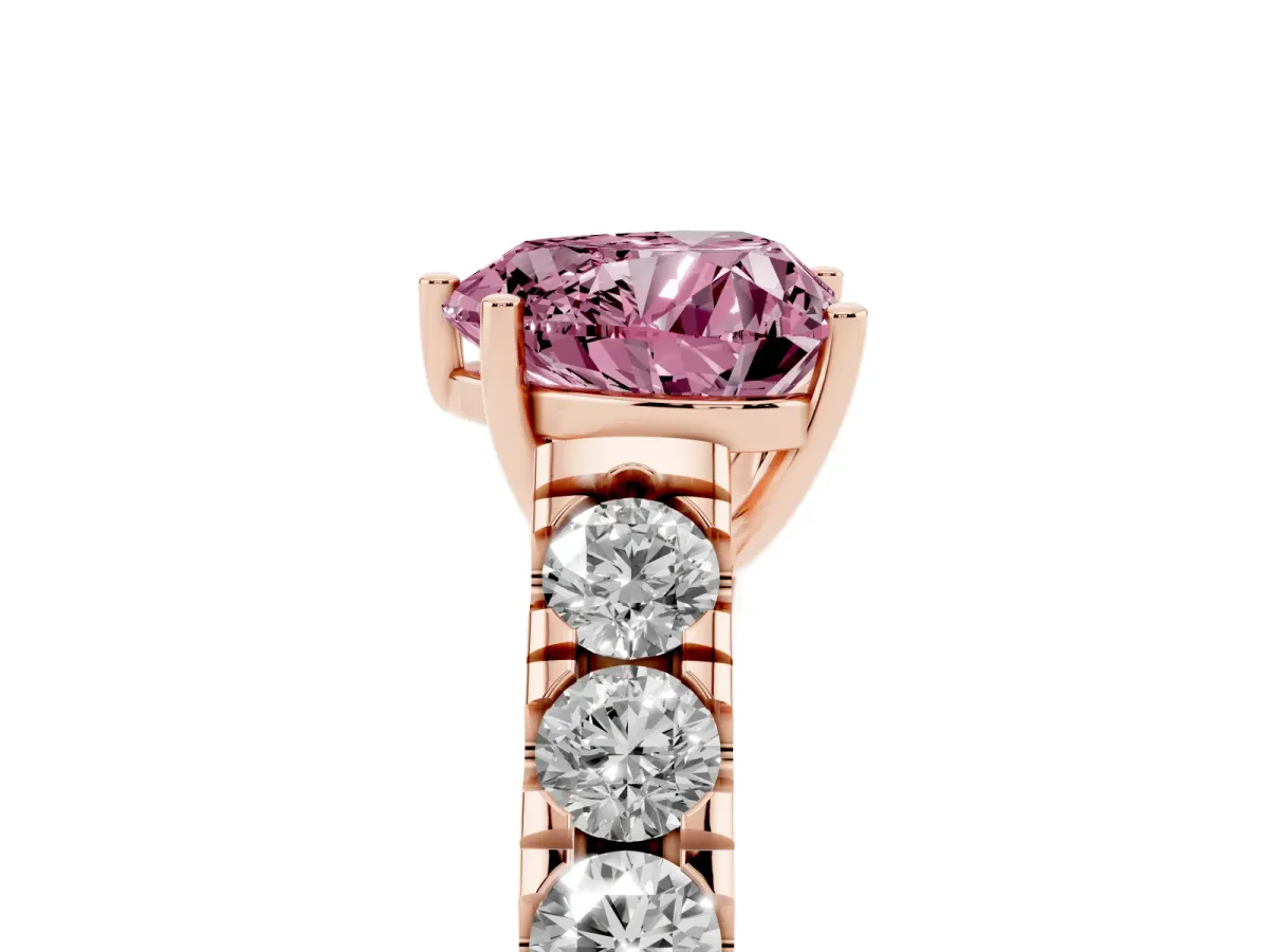 Fancy Pink Heart Cut Cut Diamond Solitaire Ring with Micro Pave Band and Prong Setting Rose gold