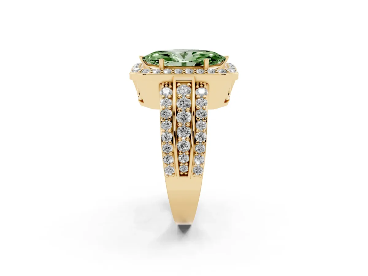 Fancy Green Marquise Cut Halo Diamond Ring with Round Split Shank and Prong Setting Yellow gold