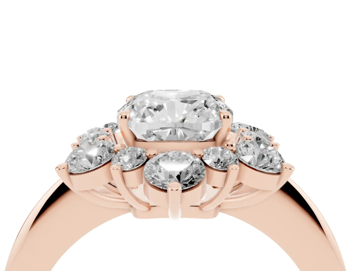 Cushion Cut Diamond Cluster Halo Ring with Solitaire Band and Four-Prong Setting Rose gold