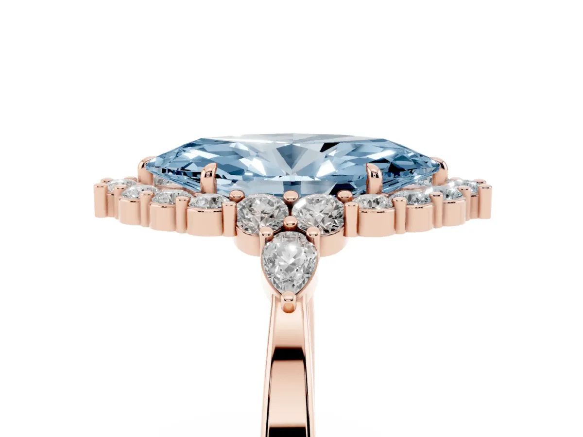 Fancy Blue Marquise Cut Diamond Halo Ring with Pear Side Stones and Prong Setting Rose gold