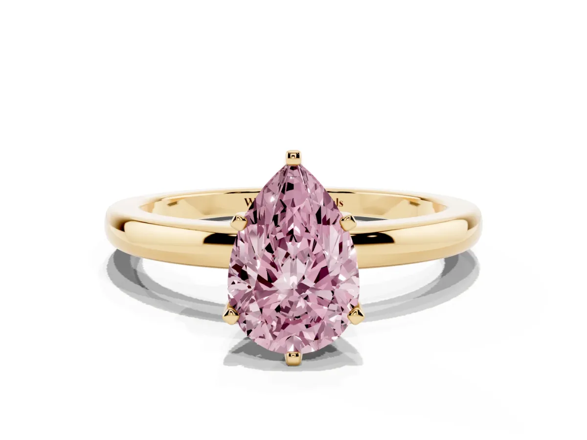 Fancy Pink Pear Cut Solitaire Diamond Ring with Six-Prong Setting on a Classic Band Yellow gold