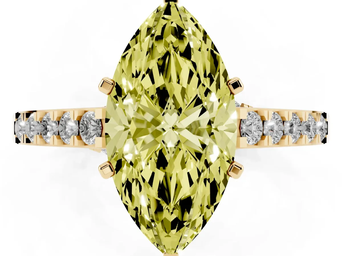 Fancy Yellow Marquise Cut Diamond Solitaire Ring with Crossover Gallery and Round Pavé Band Yellow gold