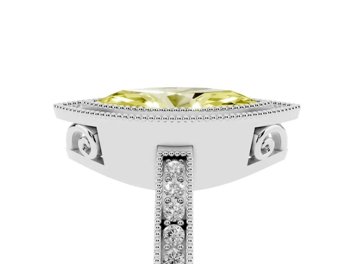 Fancy Yellow Marquise Cut Cut Halo Diamond Ring with Pavé Band and Milgrain Prong Setting Silver