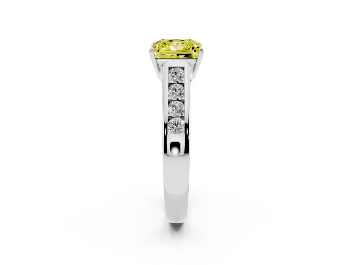 Fancy Yellow Princess Cut Brilliant Channel-Set Solitaire Ring with Four-Prong Setting Platinum