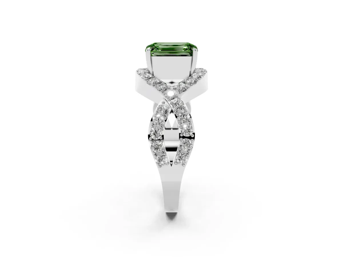 Fancy Green Emerald Cut Solitaire Twist Band Pavé Diamond Engagement Ring Silver
