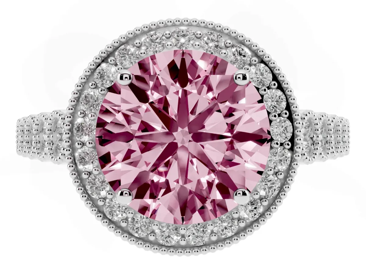 Fancy Pink Round Cut Halo Milgrain Solitaire with Bezel Set Side Stones and Pave Band Silver