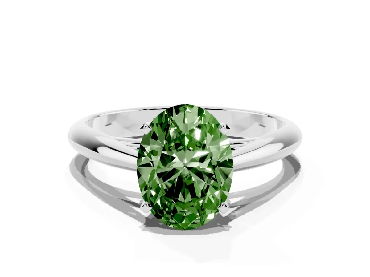 Fancy Green Oval Cut Diamond Solitaire Engagement Ring with Cathedral Setting and Four-Prong Mount Platinum