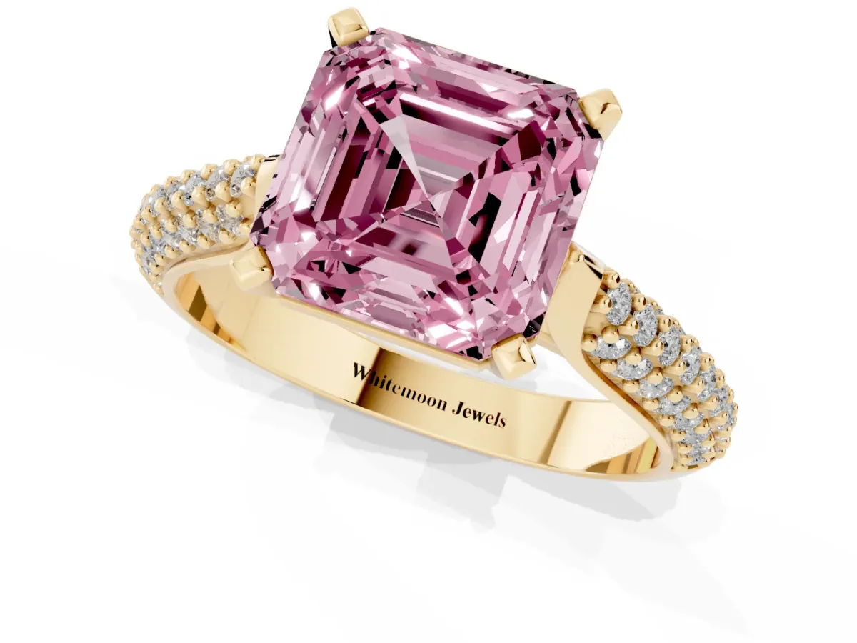 Fancy Pink Asscher Cut Diamond Solitaire Engagement Ring with Multi-Row Round Pavé Band and Prong Setting Yellow gold