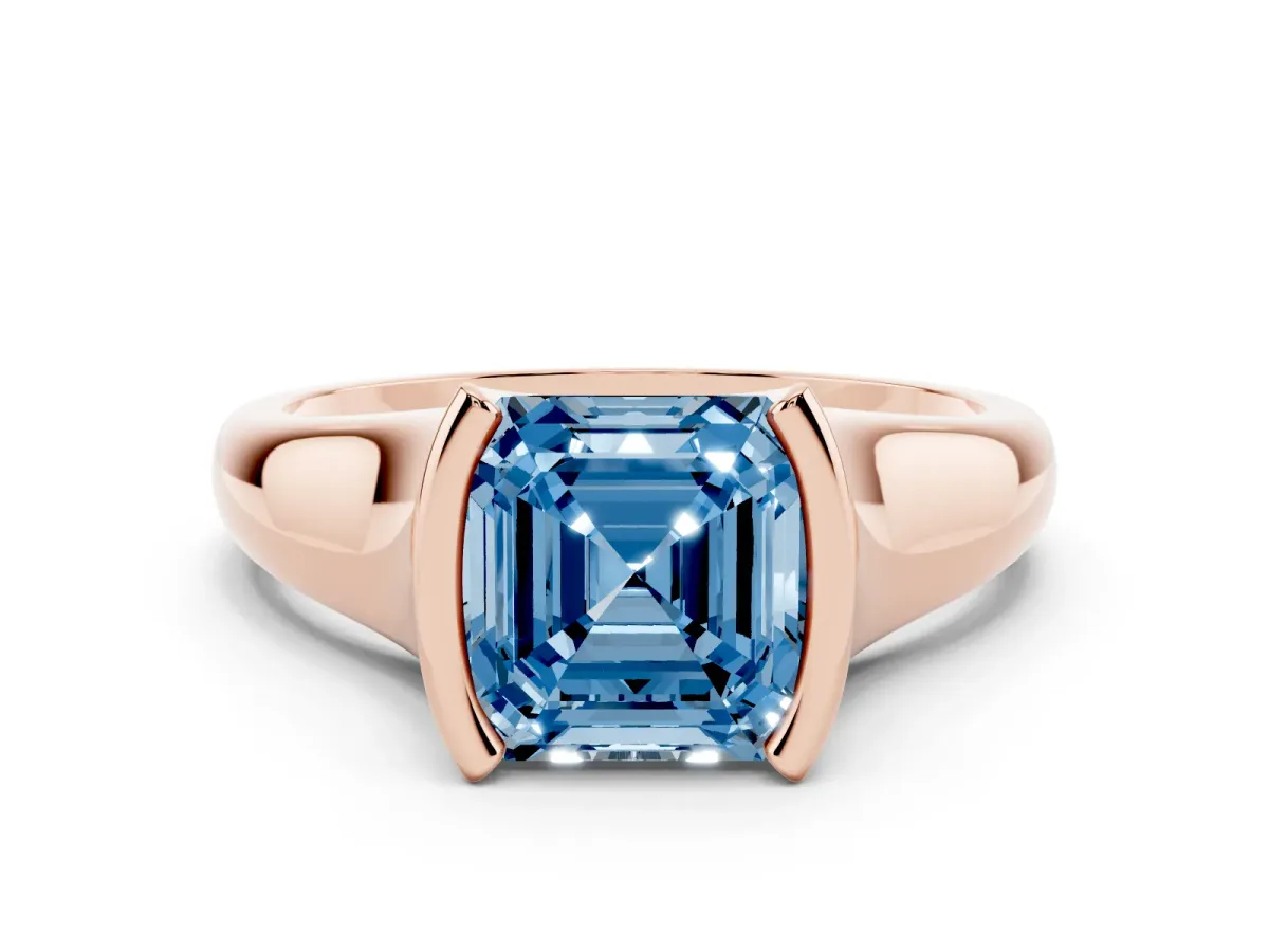 Fancy Blue Asscher Cut Solitaire Tension Set Diamond Ring with Split Shank Band Rose gold