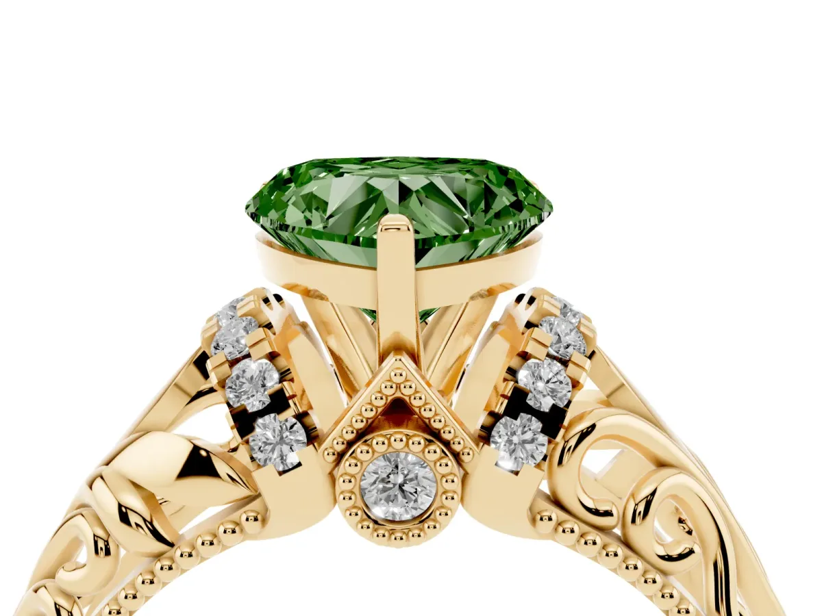 Fancy Green Heart Cut Solitaire Filigree Engagement Ring with Halo and Prong Setting Yellow gold