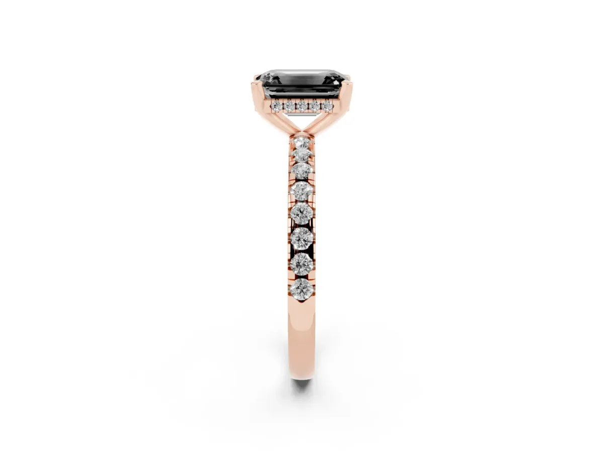 Fancy Black Emerald Cut Diamond Solitaire Ring with Round Pavé Band and Four-Prong Setting Rose gold
