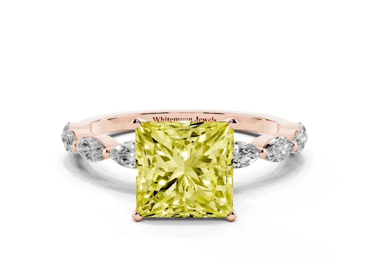 Fancy Yellow Princess Cut Diamond Ring with Marquise Side Stones and Prong Setting Rose gold