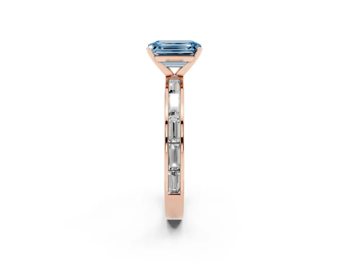 Fancy Blue Emerald Cut Solitaire Diamond Ring with Channel-Set Baguette Band and Four-Prong Setting Rose gold