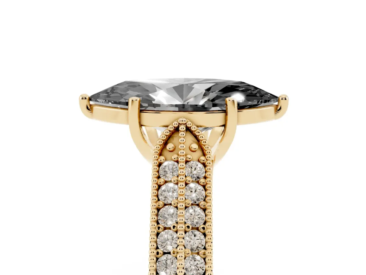 Fancy Black Marquise Cut Cut Pave Split Shank Engagement Ring with Four-Prong Setting Yellow gold