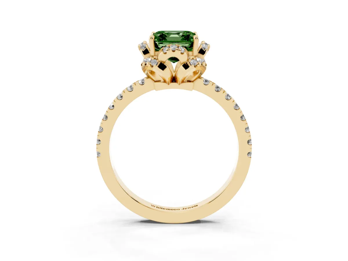 Fancy Green Asscher Cut Halo Diamond Pave Band Ring with Four-Prong Setting Yellow gold