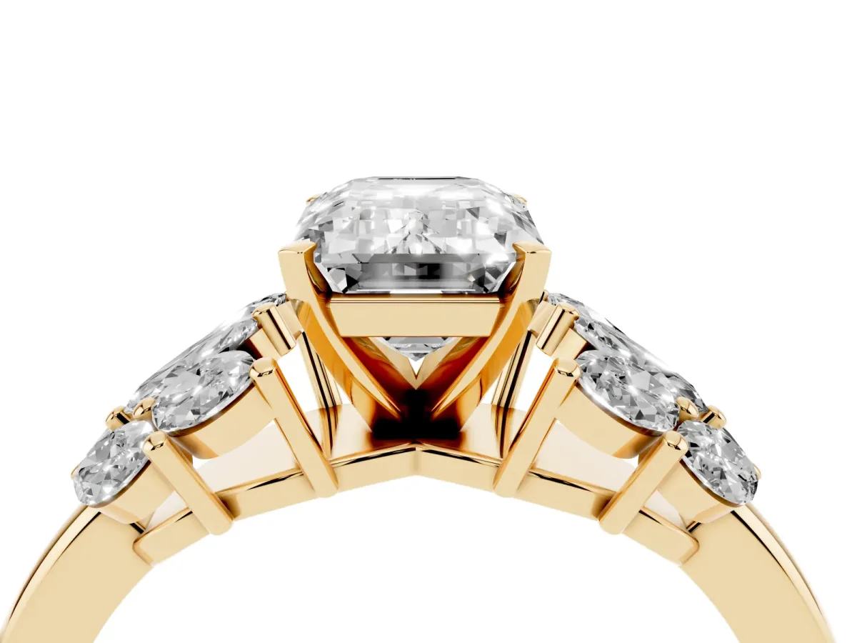 Emerald Cut Diamond Cluster Leaf Design Ring with Prong Setting Yellow gold