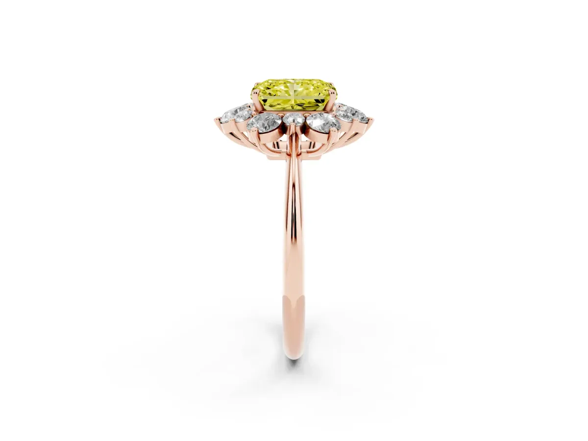 Fancy Yellow Radiant Cut Diamond Cluster Halo Ring with Solitaire Band and Four-Prong Setting Rose gold