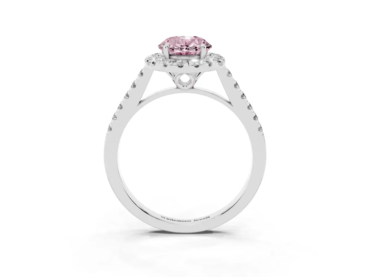 Fancy Pink Oval Cut Halo Pavé Diamond Engagement Ring with Four-Prong Setting Silver