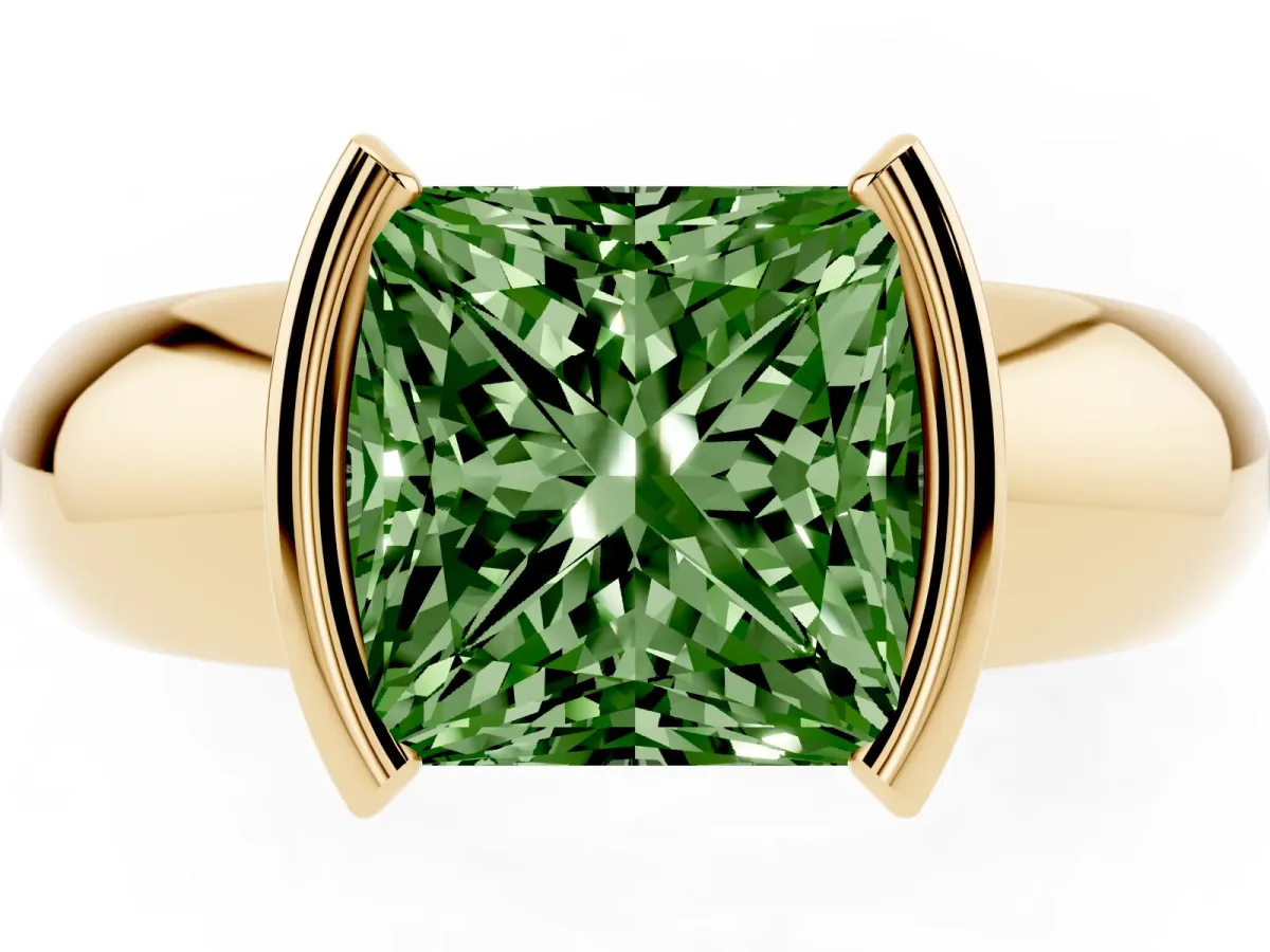 Fancy Green Princess Cut Solitaire Tension Set Diamond Ring with Wide Band Yellow gold