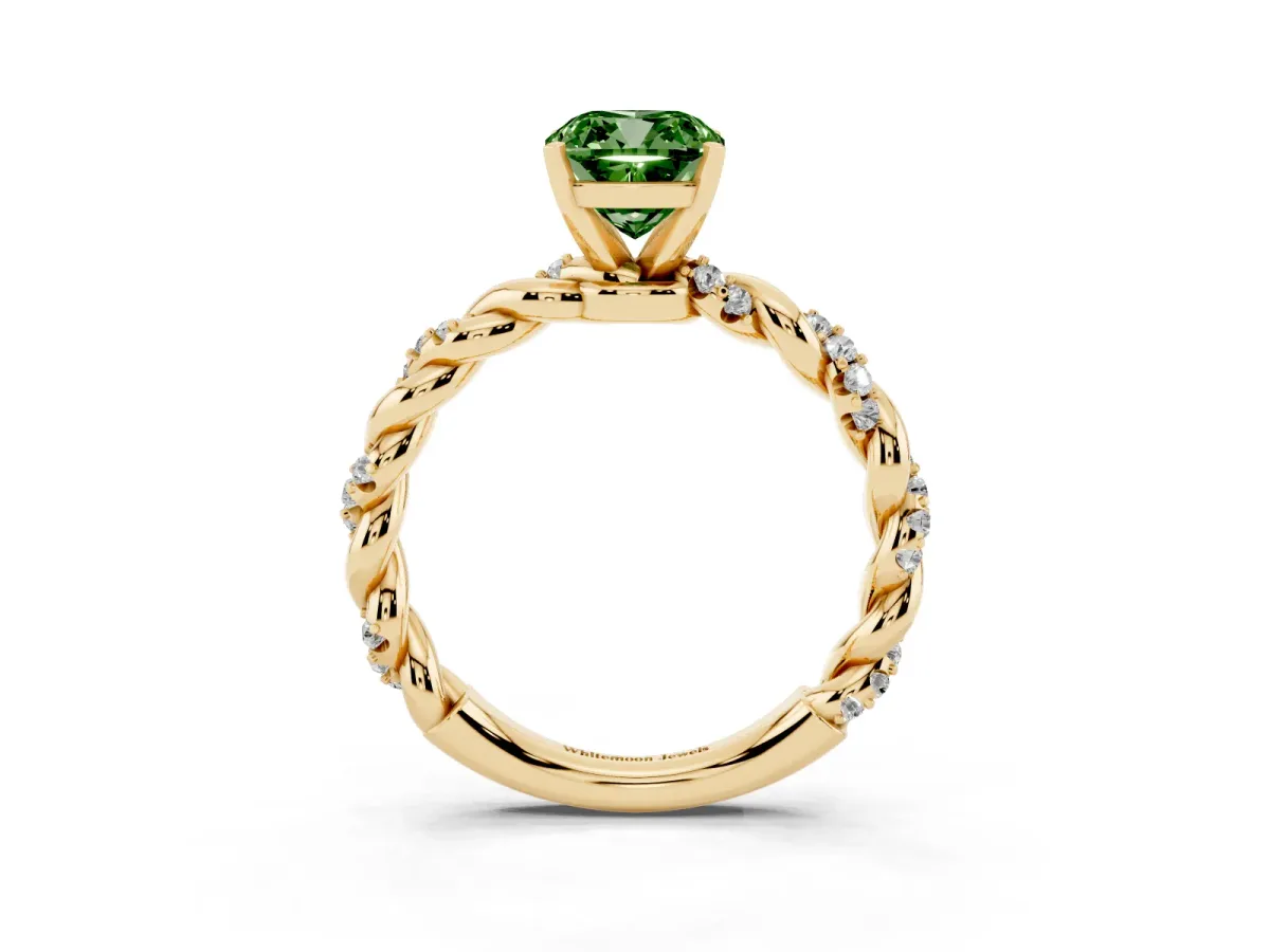 Fancy Green Cushion Cut Diamond Solitaire Ring with Twisted Band and Pavé Accents Yellow gold