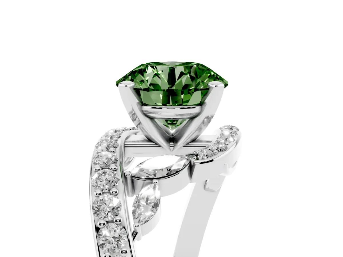 Fancy Green Round Cut Solitaire with Pavé Twist Band and Four-Prong Setting White gold