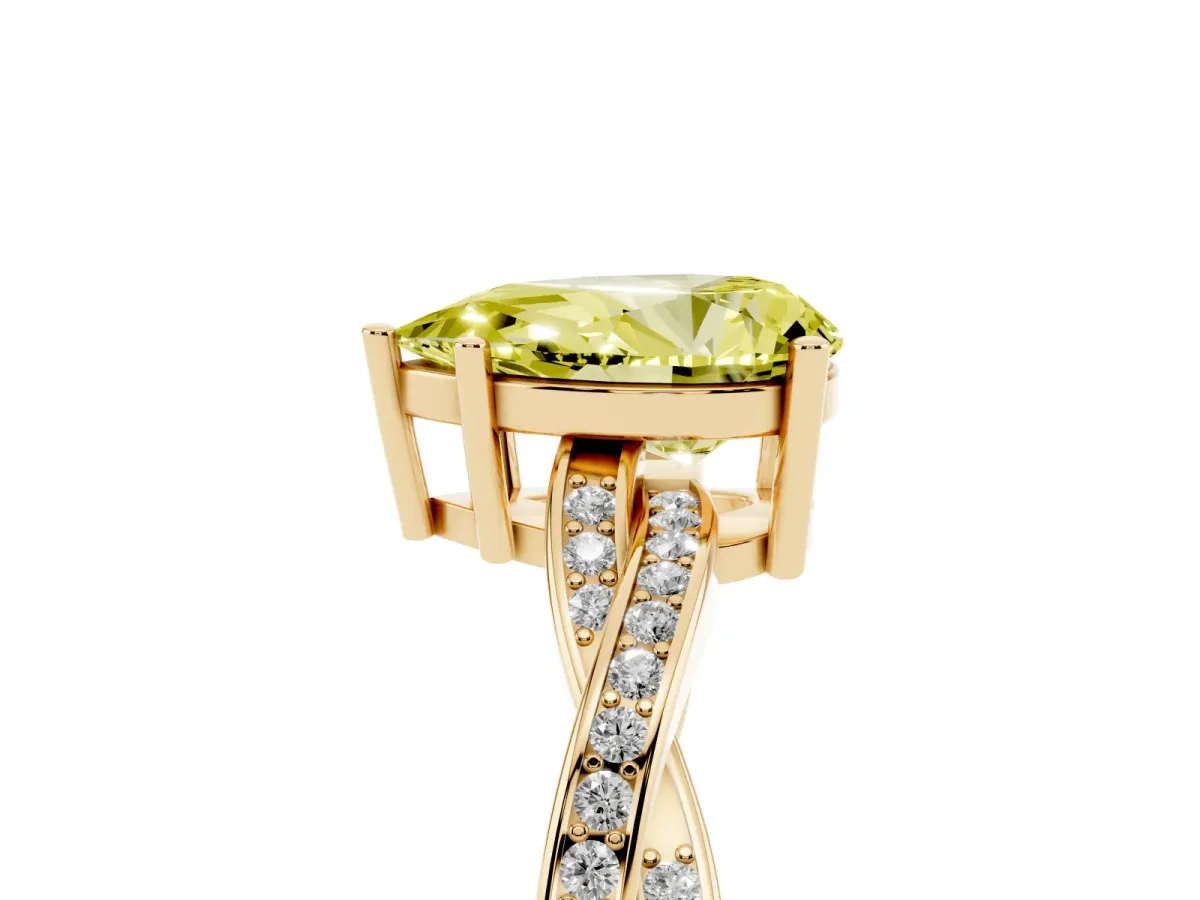Fancy Yellow Pear Cut Solitaire Twisted Pave Diamond Ring with Four-Prong Setting Yellow gold