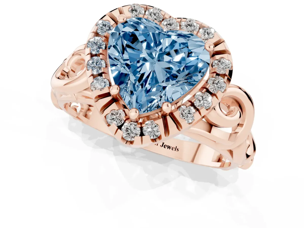 Fancy Blue Heart Cut Cut Halo Diamond Ring with Scrollwork Band and Four-Prong Setting Rose gold