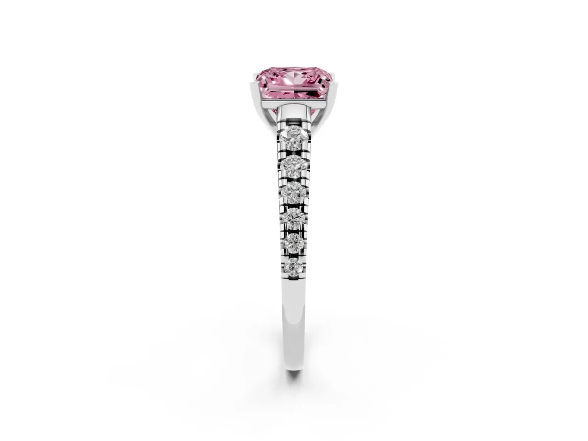 Fancy Pink Princess Cut Diamond Cathedral Solitaire Ring with Round Pavé Band Silver